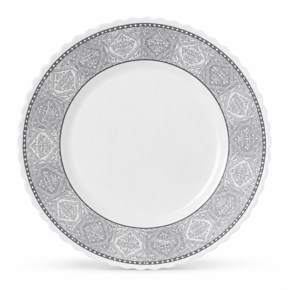 Clara Grey ornamental porcelain dinnerware styled on an elegant dining table
