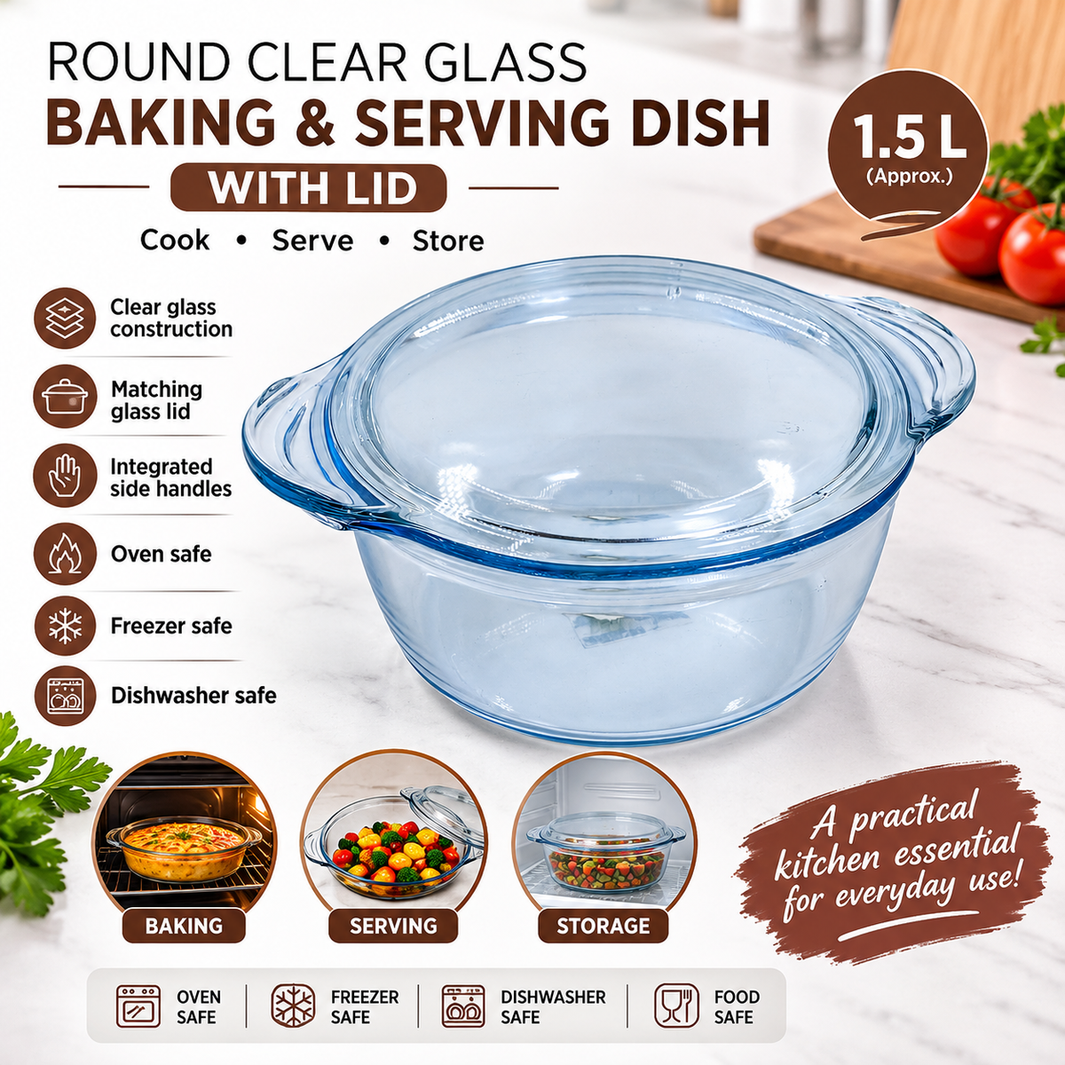 Round Clear Glass Baking &amp; Serving Dish with Lid