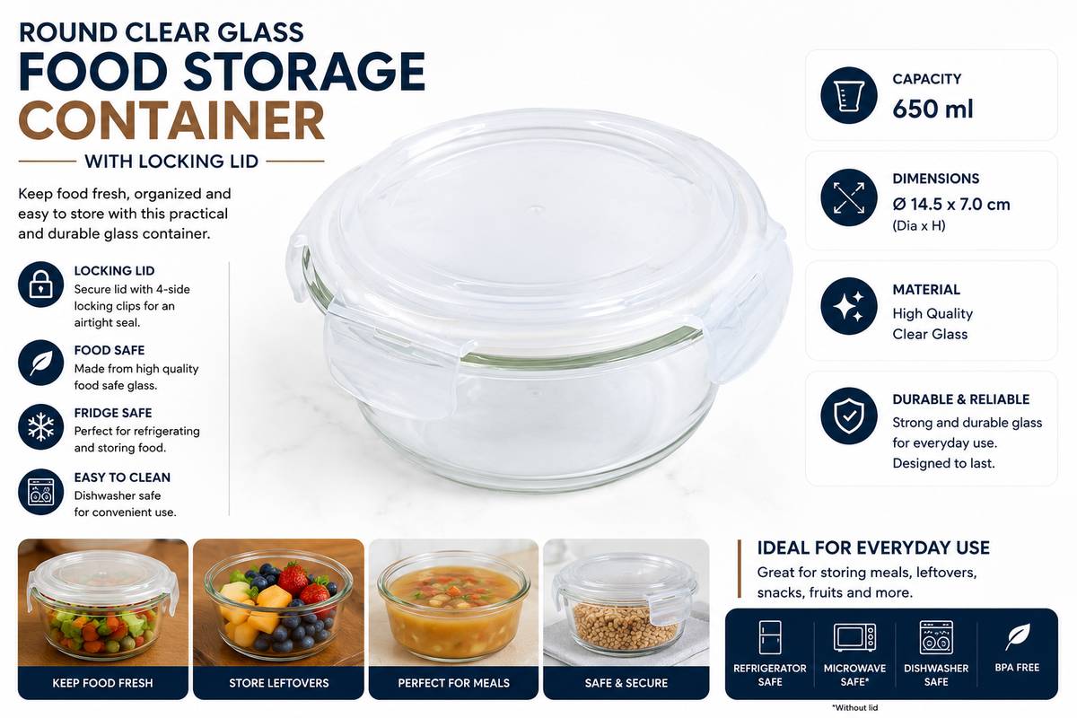 Round Clear Glass Food Storage Container with Locking Lid