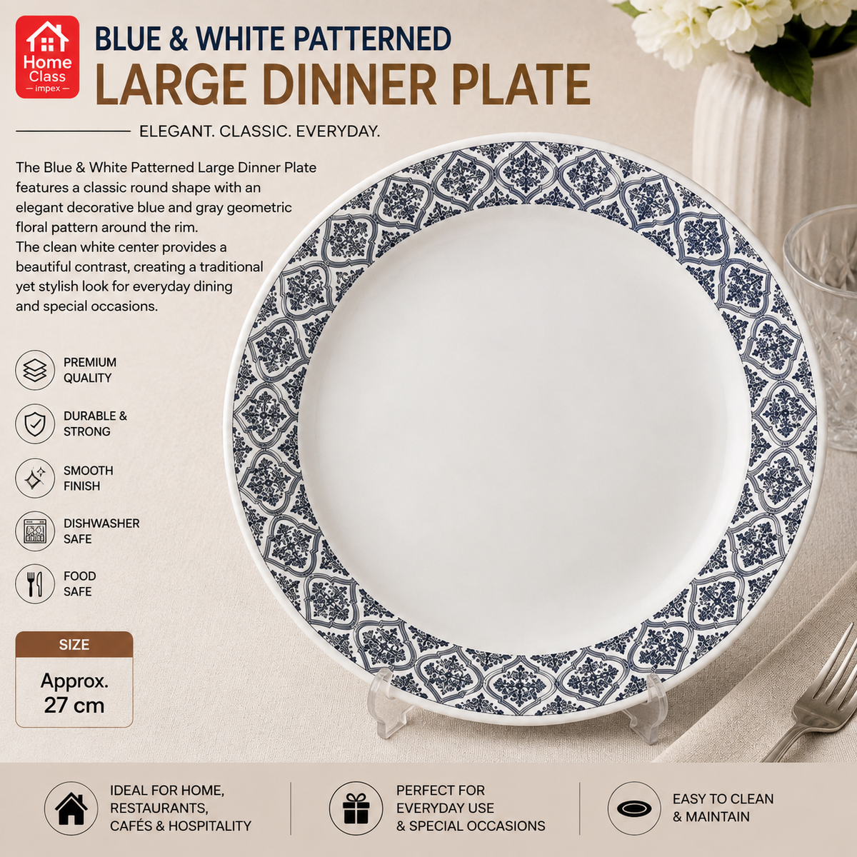 Blue & White Patterned Large Dinner Plate