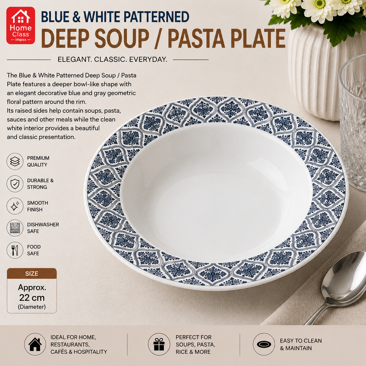 Blue & White Patterned Deep Soup / Pasta Plate