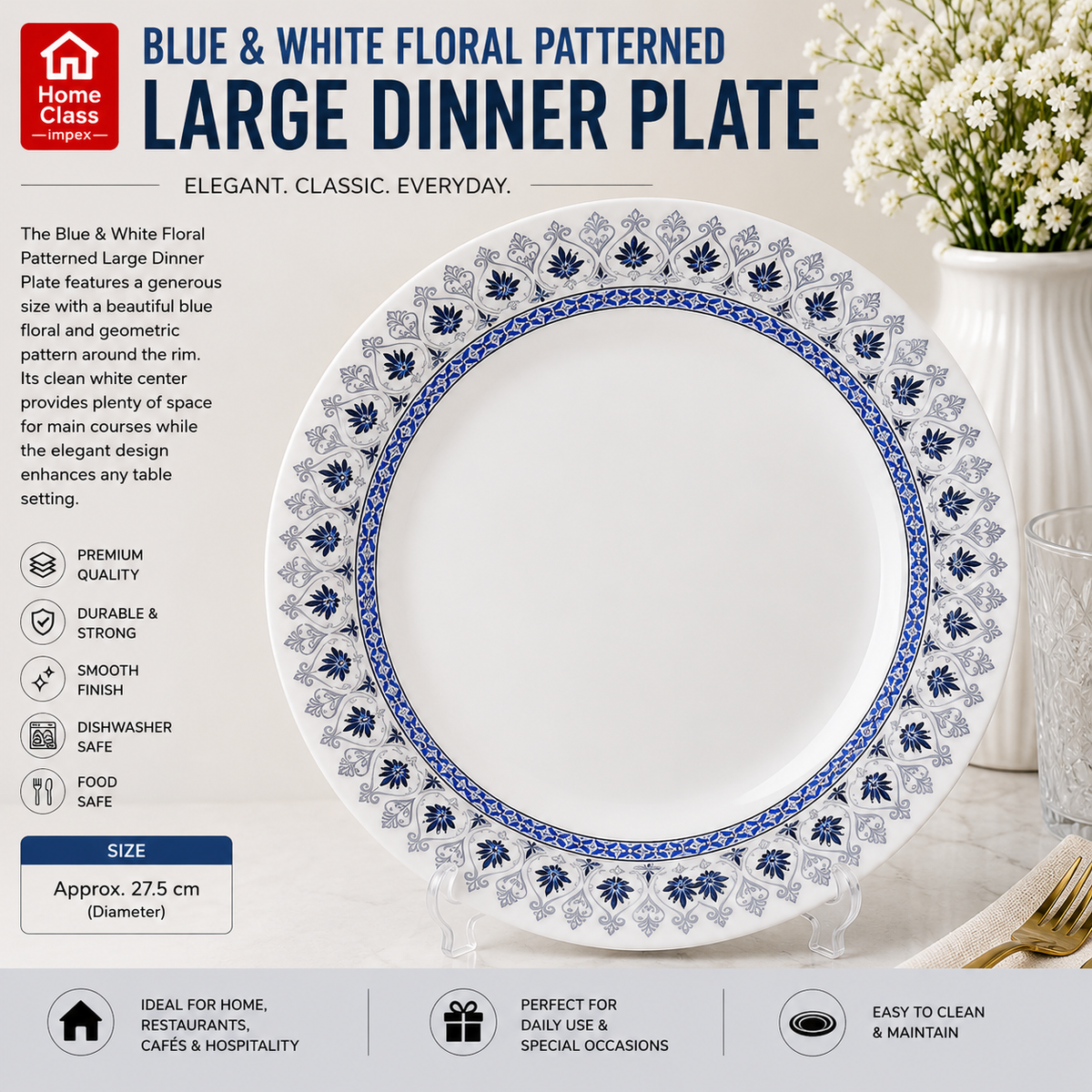 Blue & White Floral Patterned Large Dinner Plate