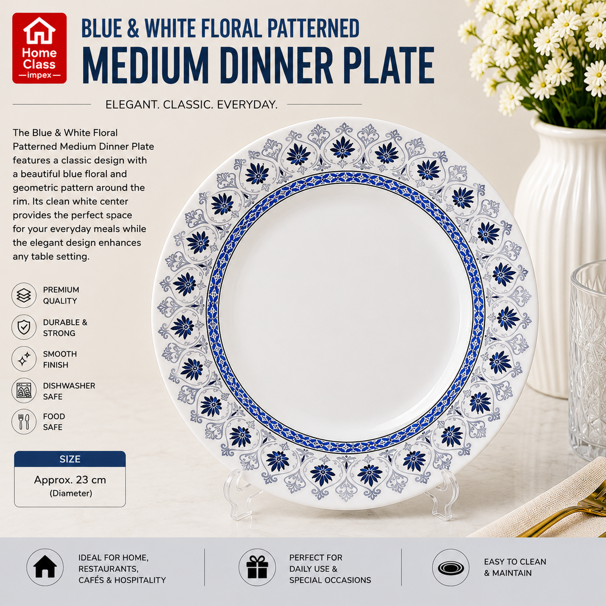 Blue & White Floral Patterned Medium Dinner Plate