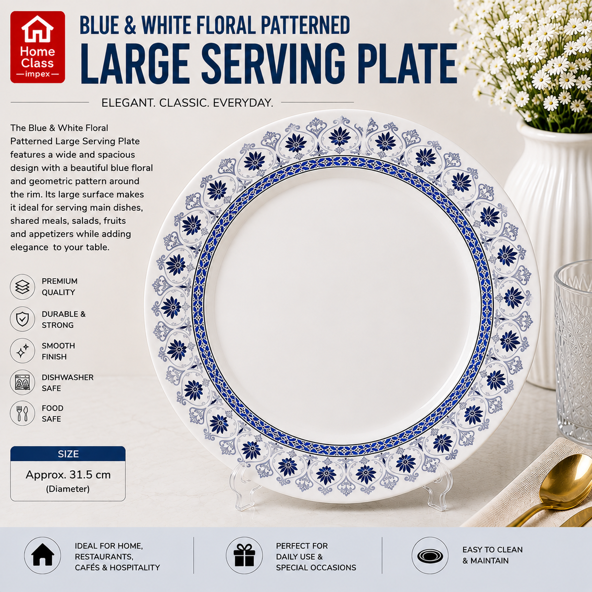 Blue & White Floral Patterned Large Serving Plate