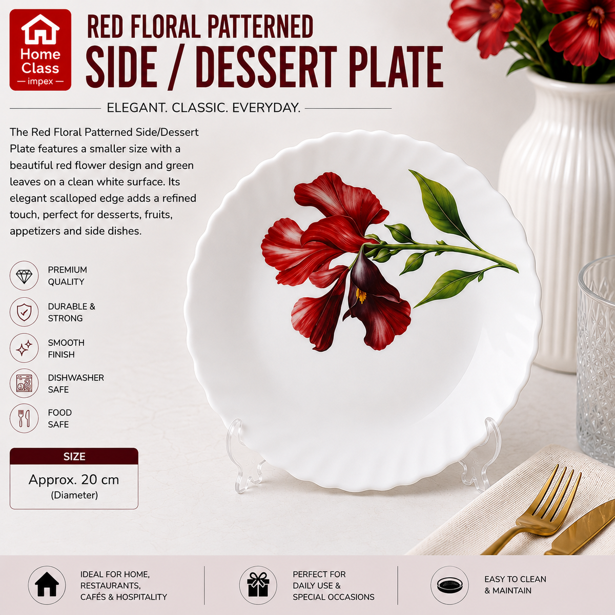 Red Floral Patterned Dessert Plate 7.5