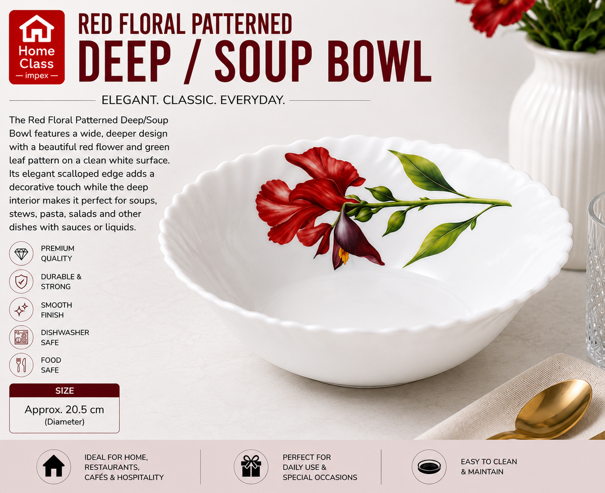 Red Floral Patterned Deep / Soup Bowl 7inch