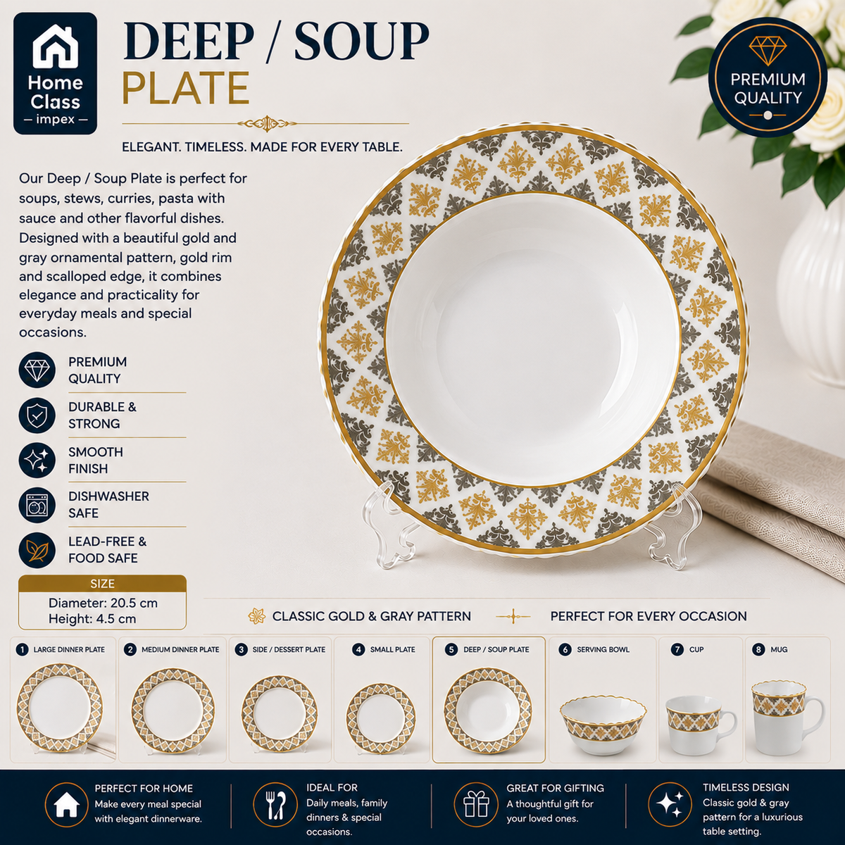 Gold & Gray Ornamental Deep / Soup Plate 8inch
