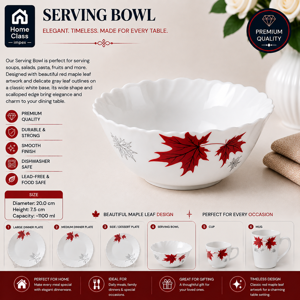 Red Maple Leaf Patterned Serving Bowl 7inch