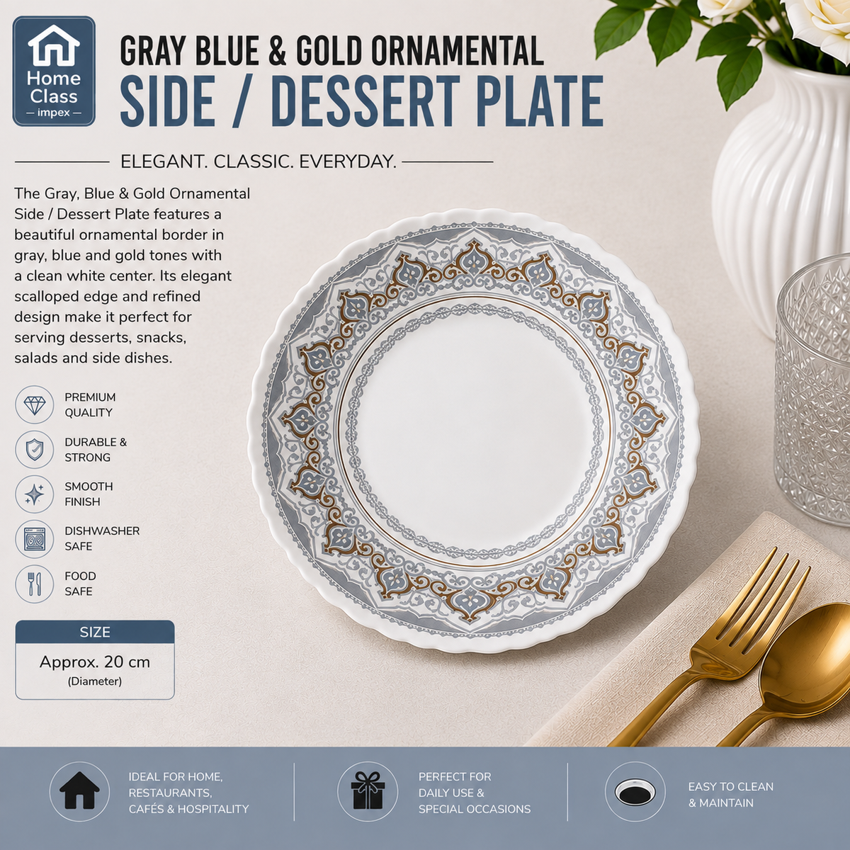 Gray, Blue & Gold Ornamental Side / Dessert Plate 7.5inch