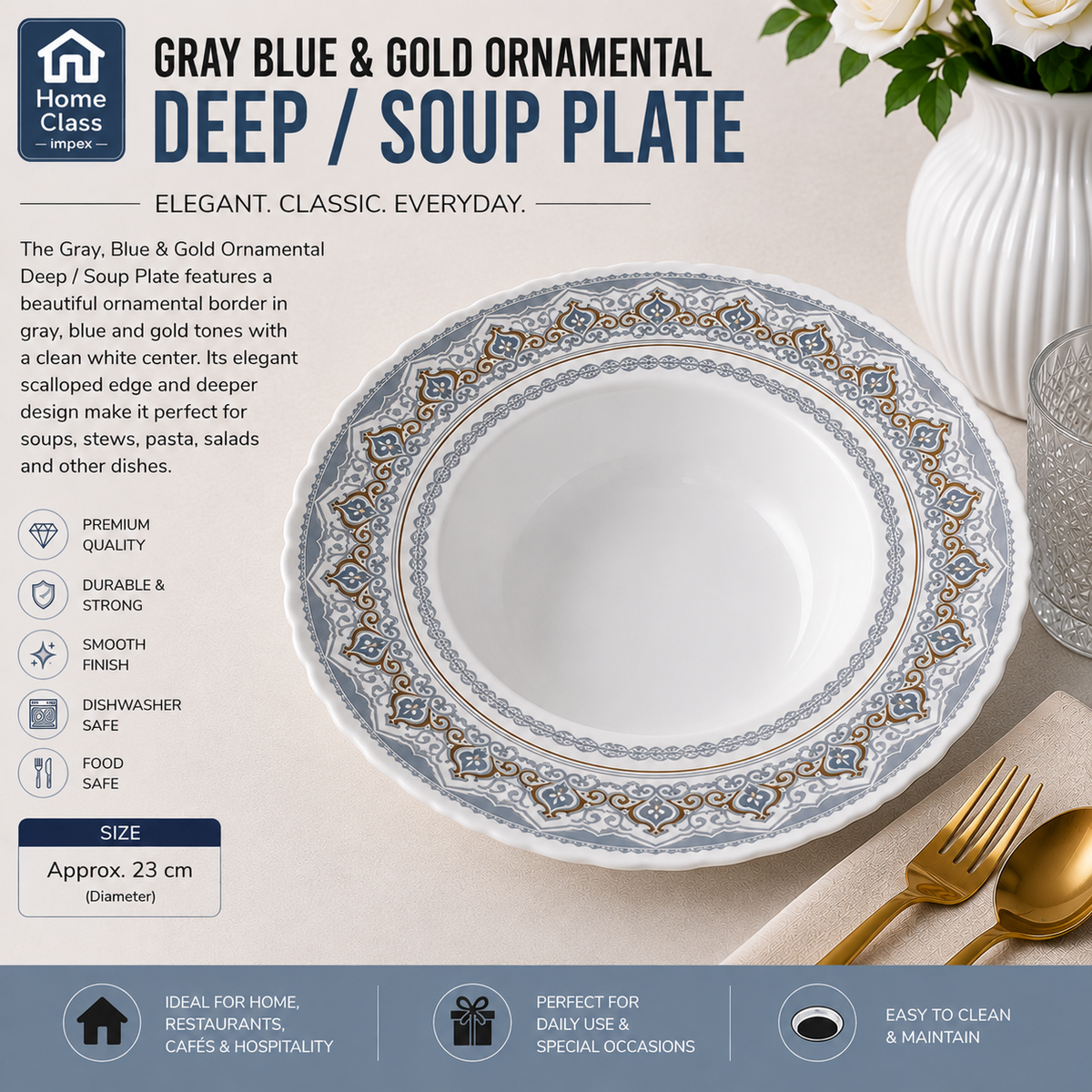 Gray, Blue & Gold Ornamental Deep / Soup Plate 8inch