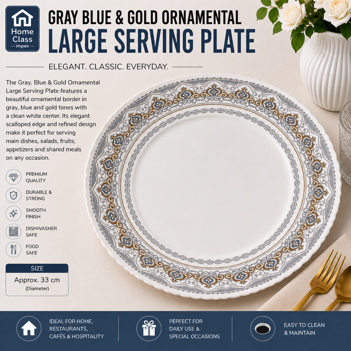 Gray, Blue & Gold Ornamental Round Serving Plate 12inch