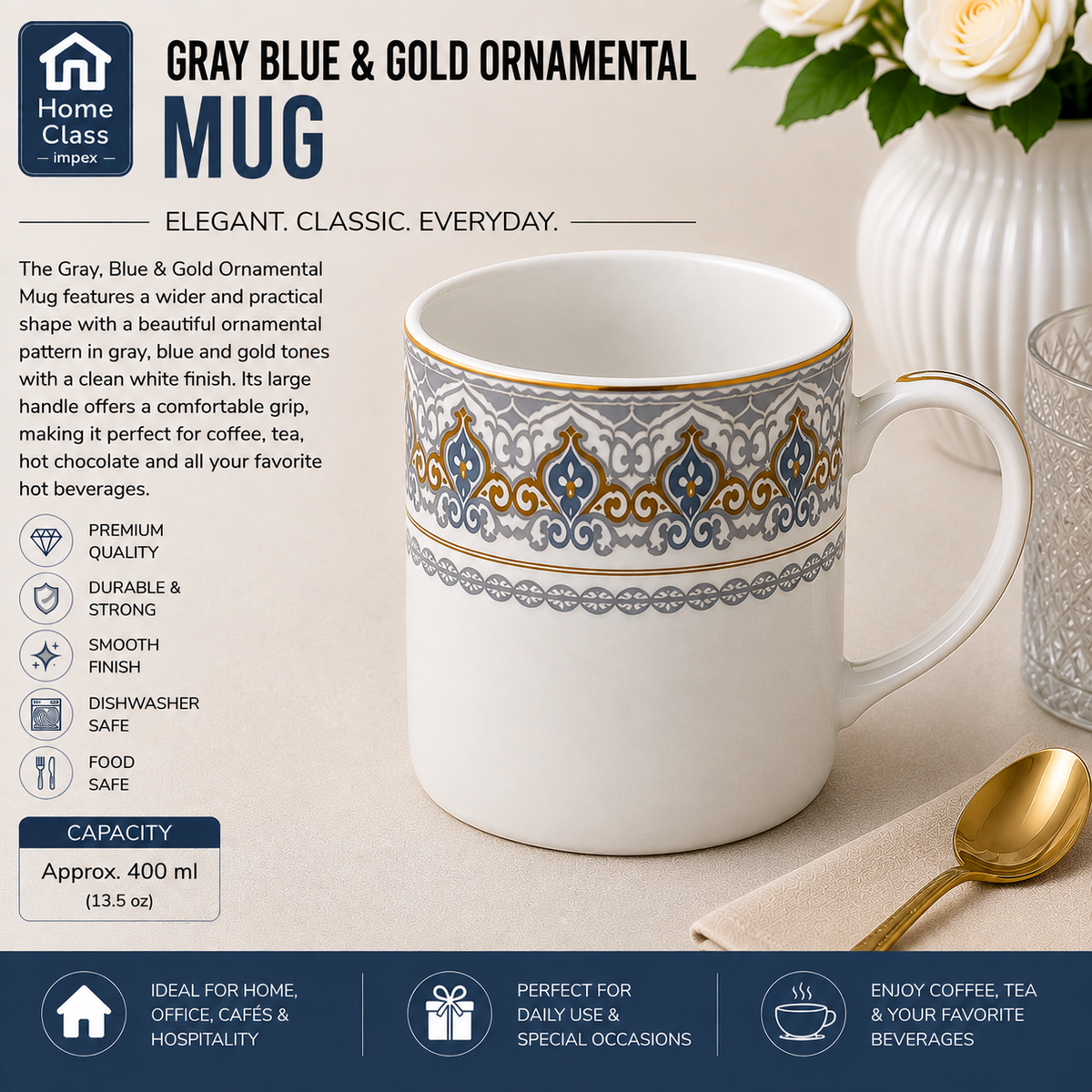 Gray, Blue & Gold Ornamental Mug