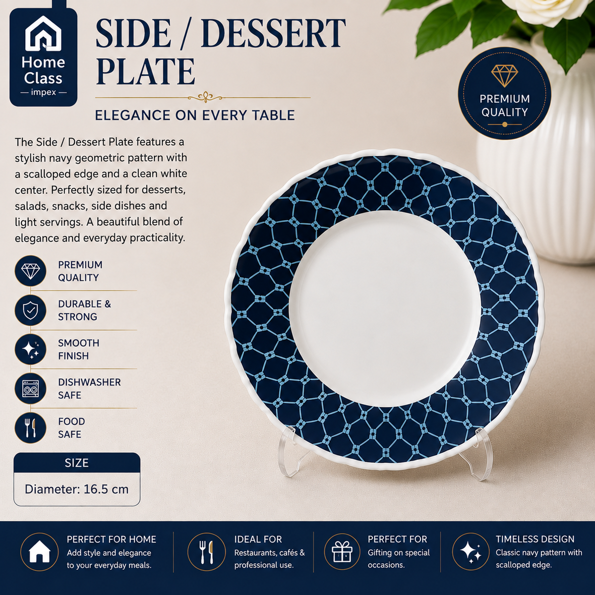 Navy Blue Geometric Patterned Side / Dessert Plate 7.5inch