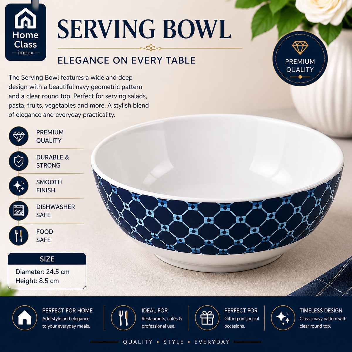 Navy Blue Geometric Patterned Serving Bowl 7inch