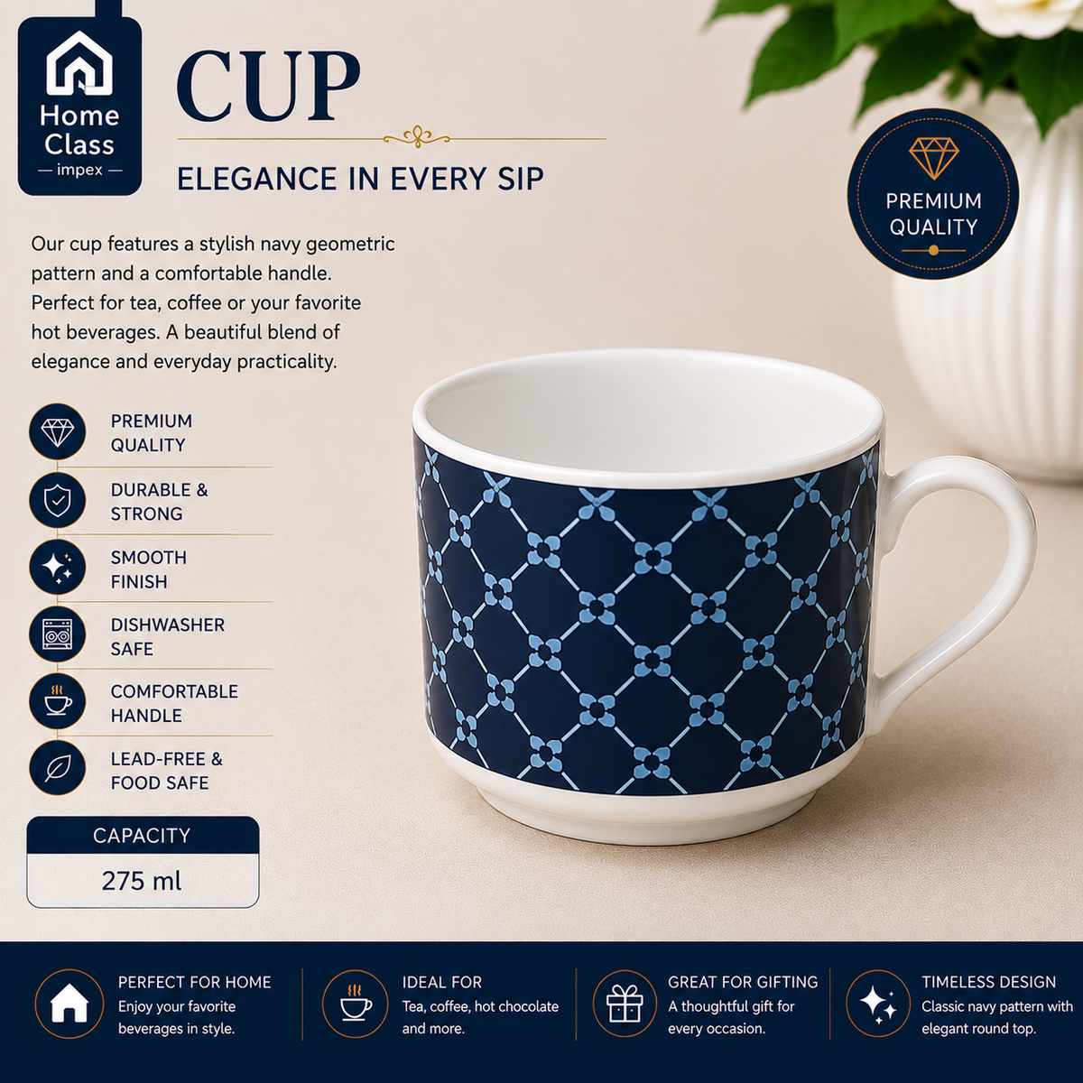 Navy Blue Geometric Patterned Cup