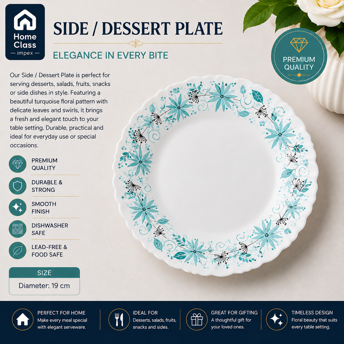 Turquoise Floral Patterned Side / Dessert Plate 7.5inch