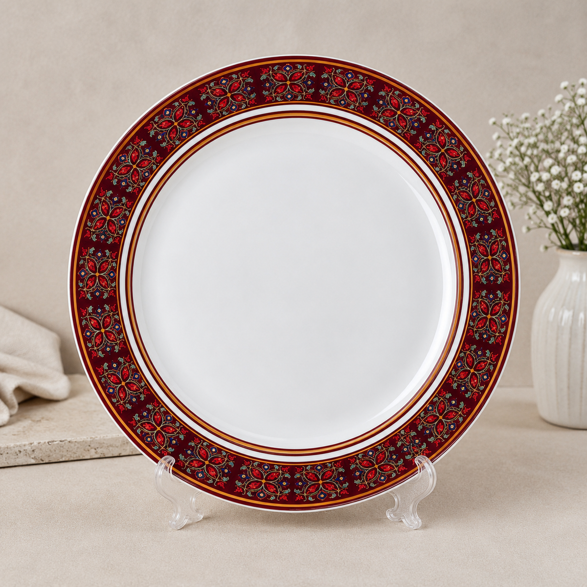 Farfurie mare de masă din porțelan ornamental, bordo, 28 cm