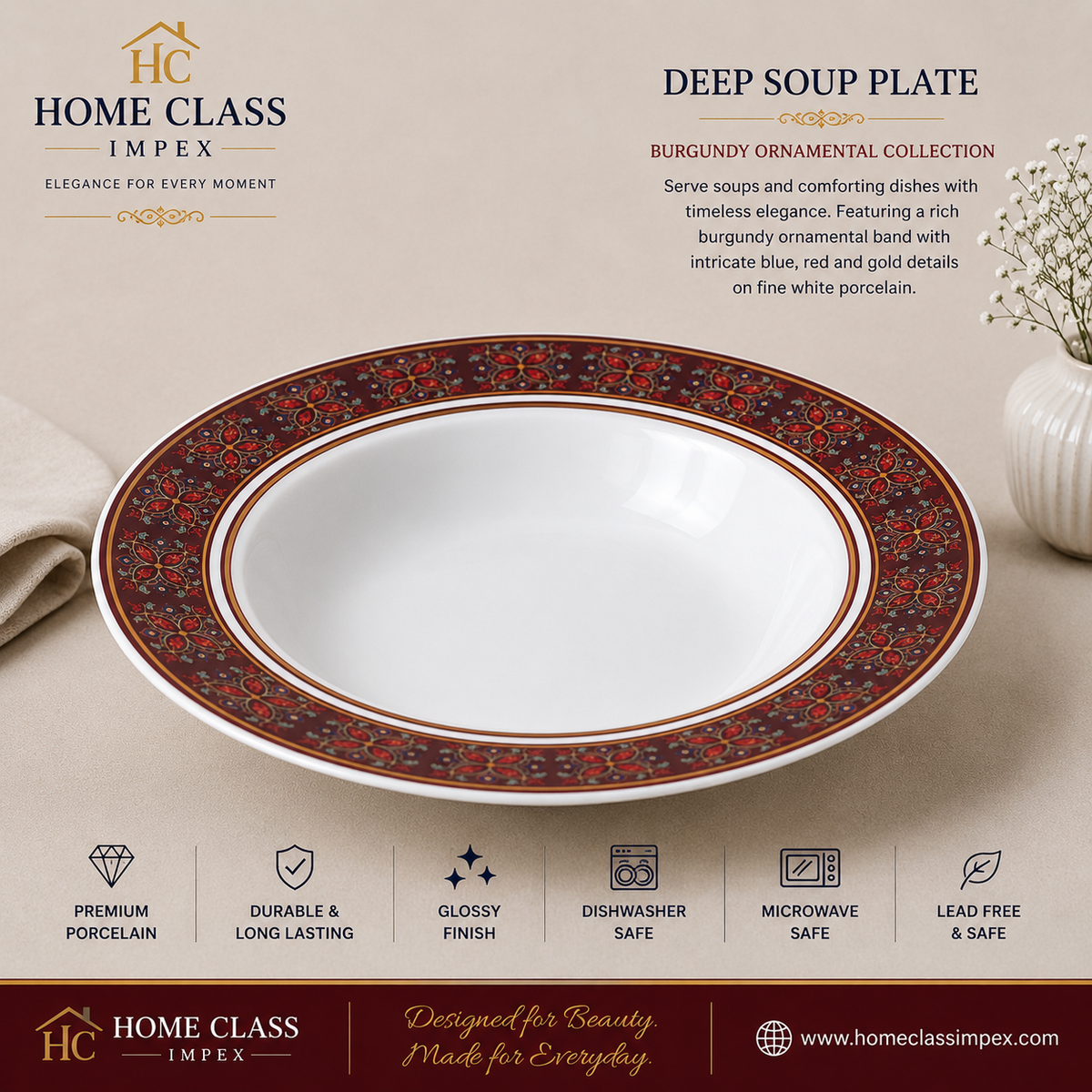 Burgundy Ornamental Porcelain Deep Soup Plate 9inch