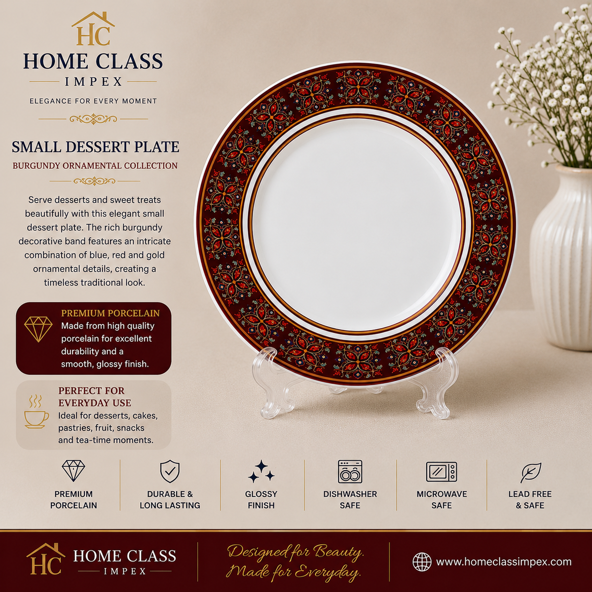 Burgundy Ornamental Porcelain Small Dessert Plate 7.5Inch