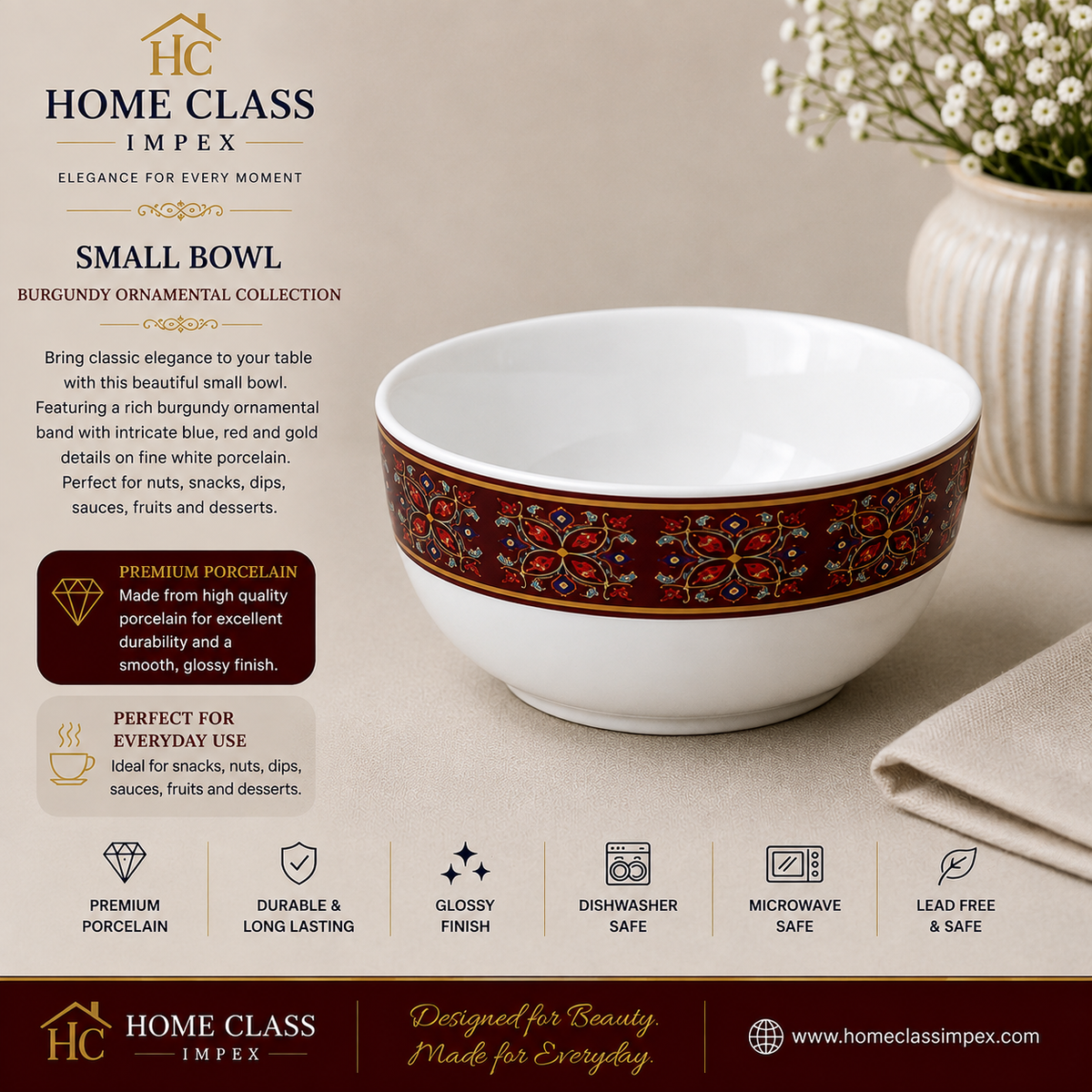 Burgundy Ornamental Porcelain Bowl 8inch