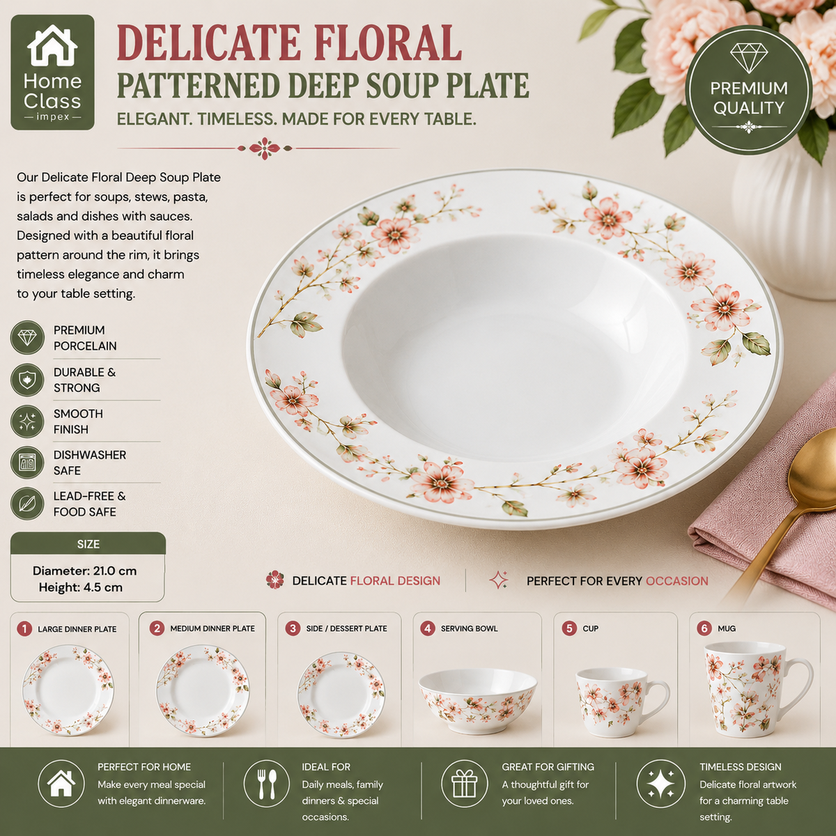 Delicate Floral Patterned Deep Soup Plate 9inch