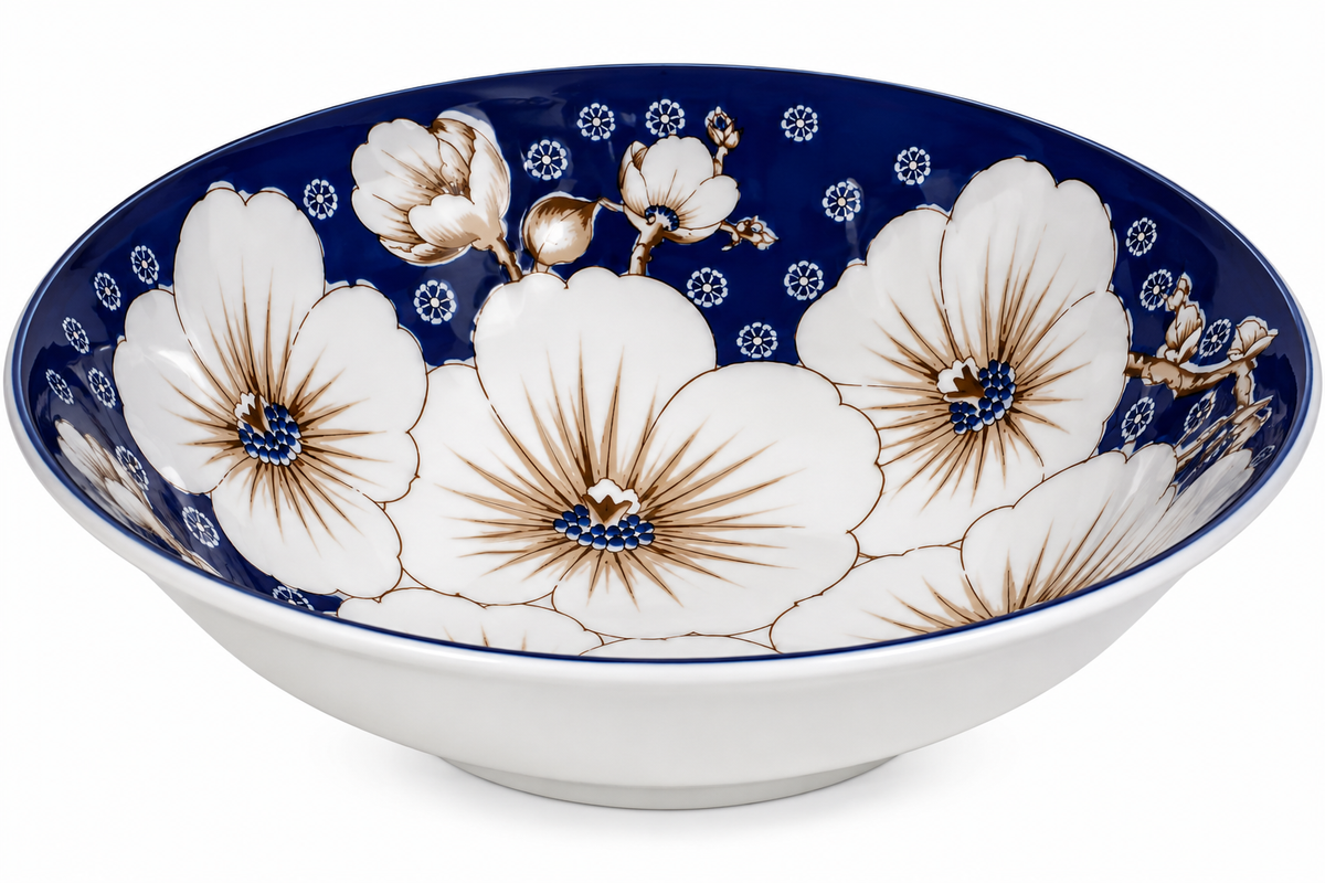 Porcelain Deep Bowl / Soup Bowl – Blue & Floral Design 7inc