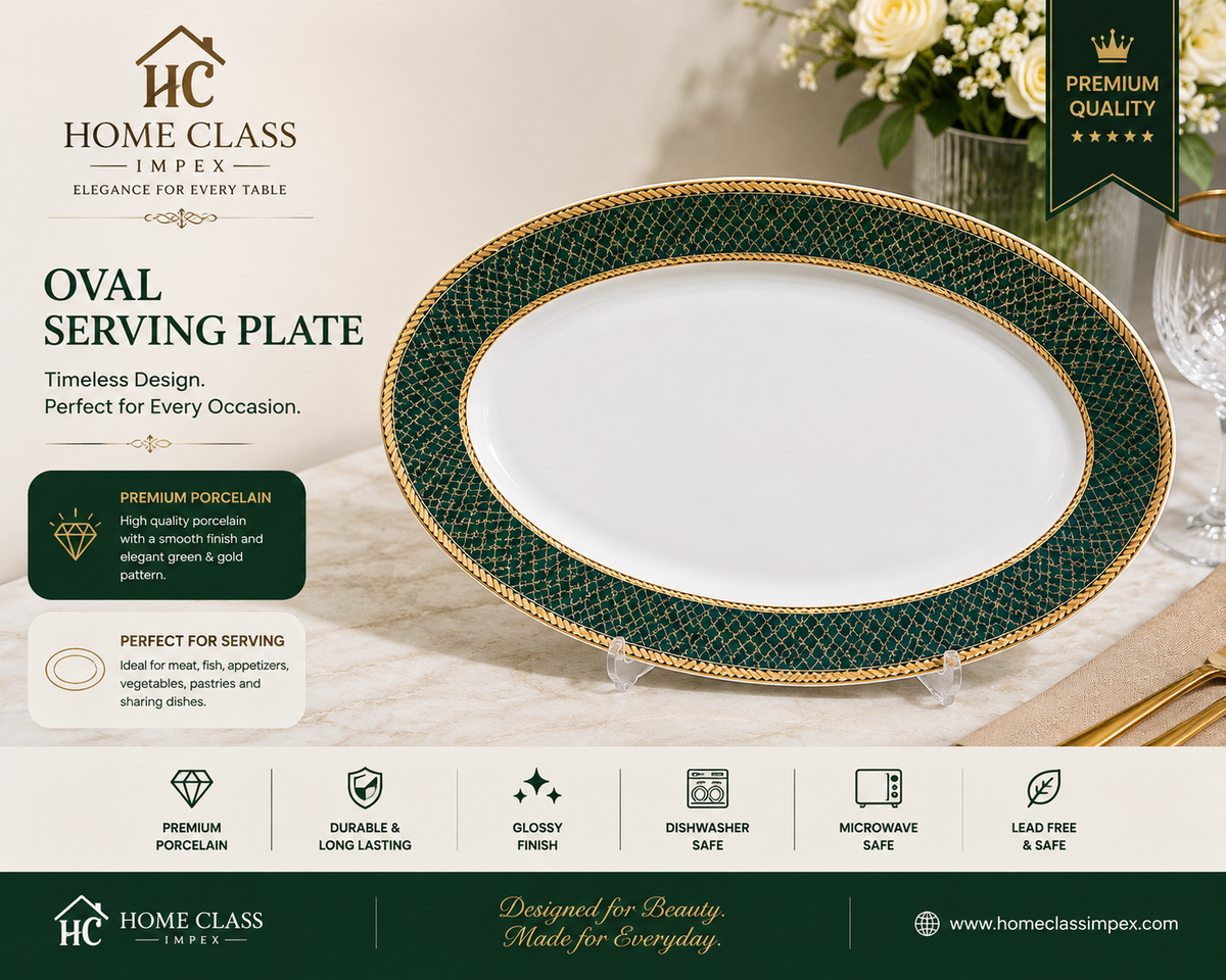Emerald Green & Gold Porcelain Oval Serving Plate 13inch