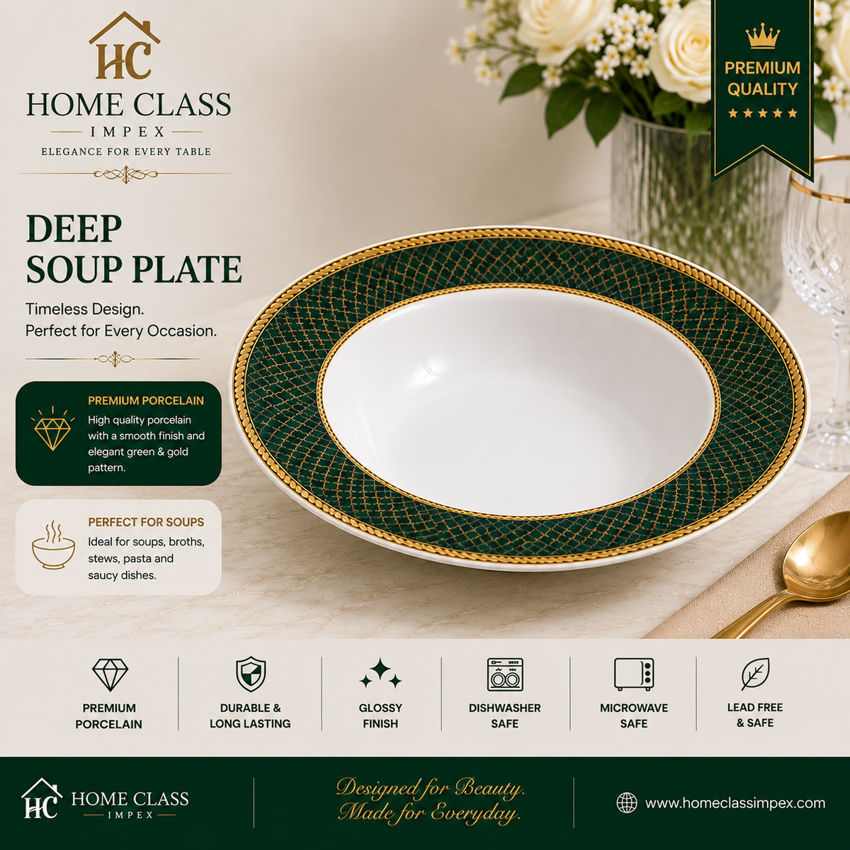 Emerald Green & Gold Porcelain Deep Soup Plate 9inch