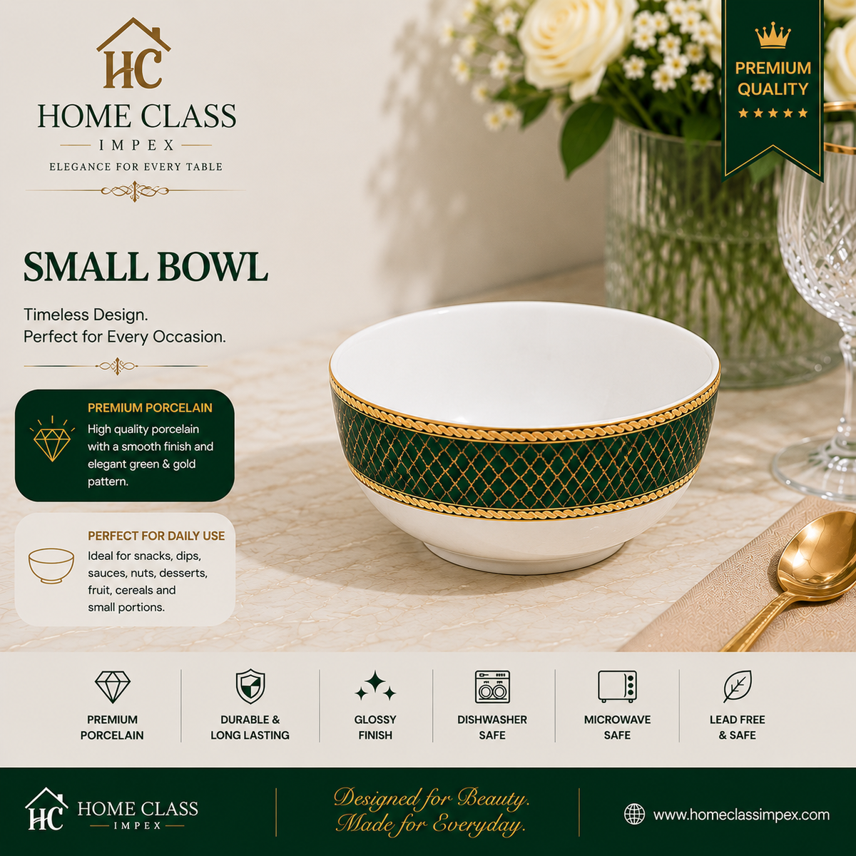 Emerald Green & Gold Porcelain Bowl 8inch