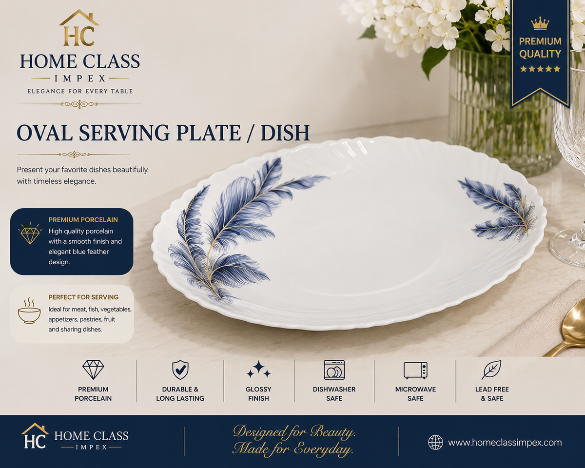 Blue Feather Porcelain Oval Serving Plate / Dish