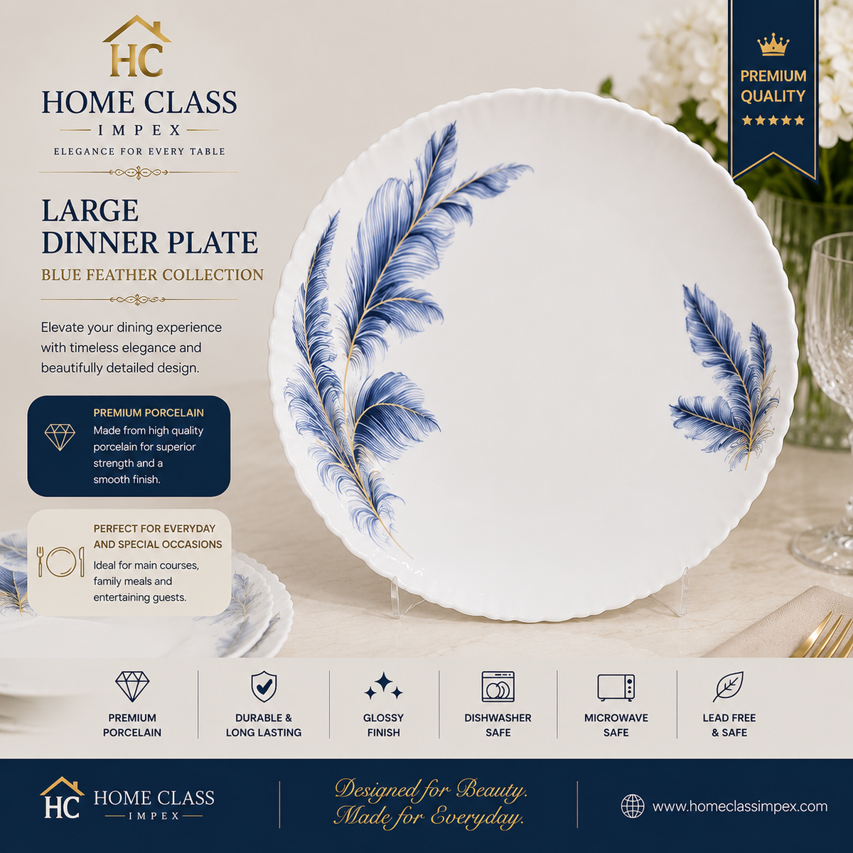 Farfurie mare din porțelan Blue Feather