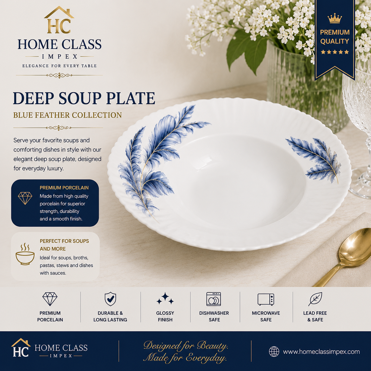 Blue Feather Porcelain Deep Soup Plate