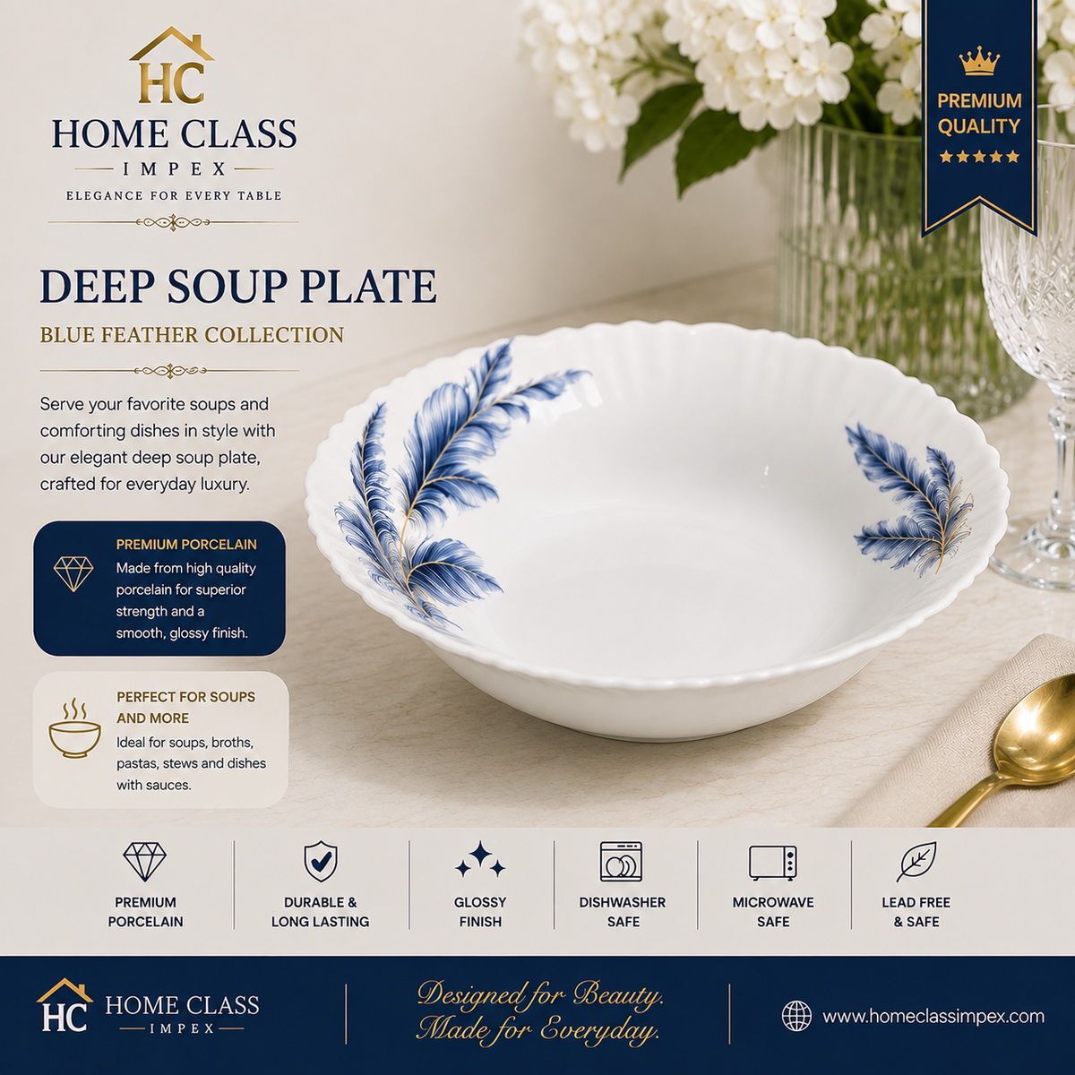 Blue Feather Porcelain Serving Bowl