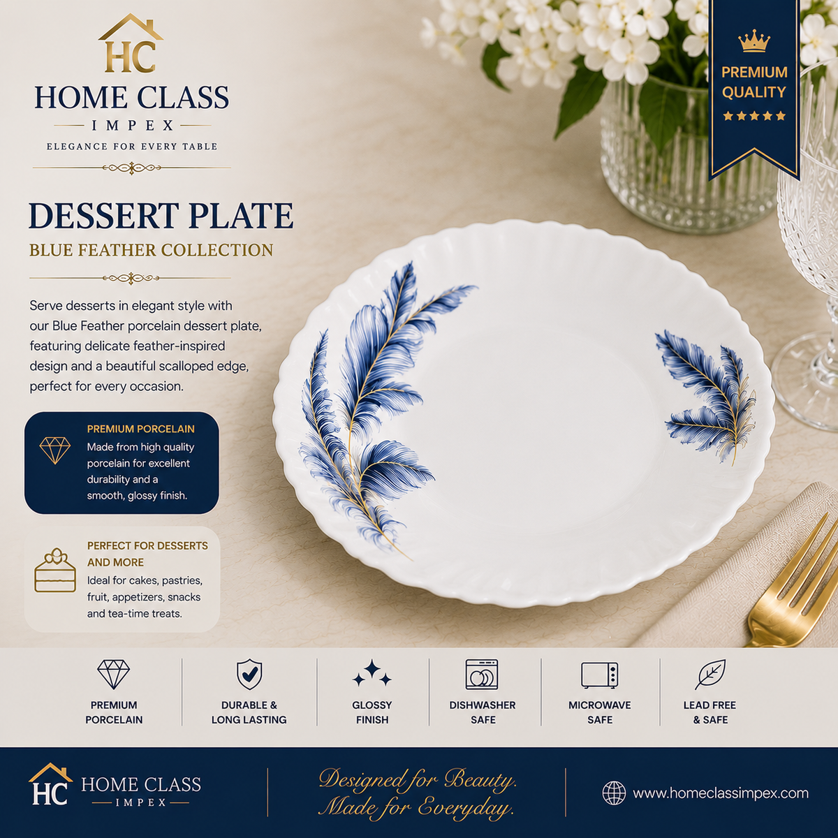 Blue Feather Porcelain Dessert Plate