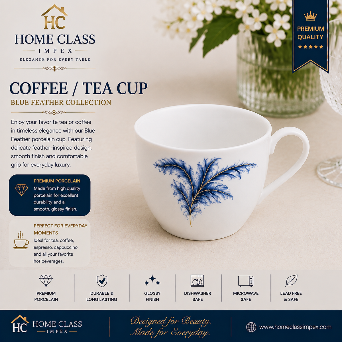 Blue Feather Porcelain Tea/Coffee Cup