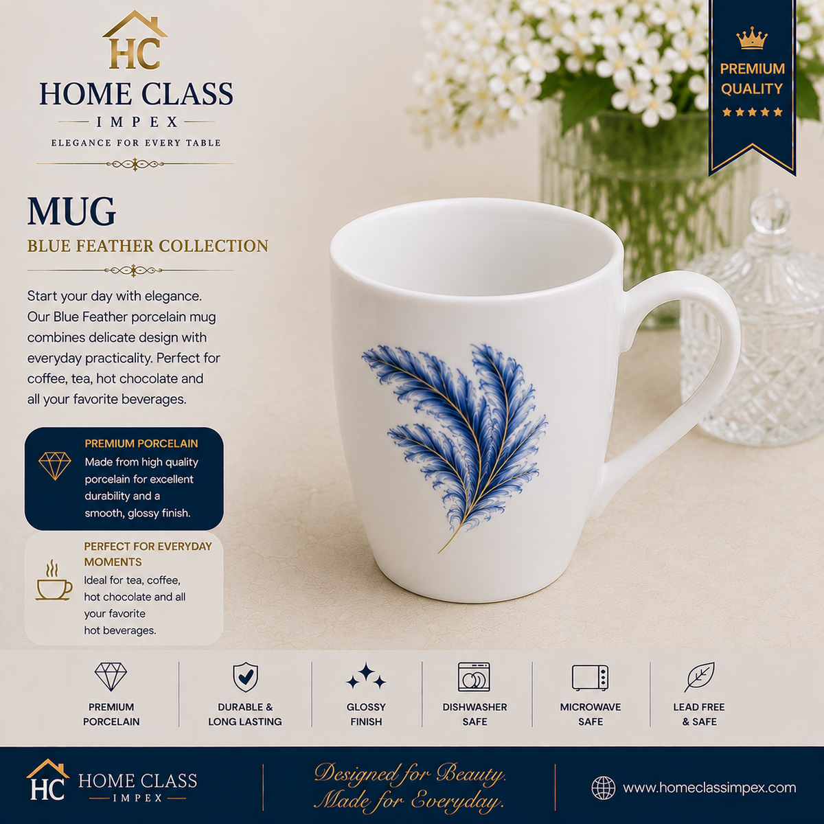 Blue Feather Porcelain Mug