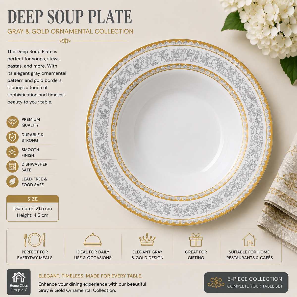Gray & Gold Ornamental Deep Soup Plate 9inch