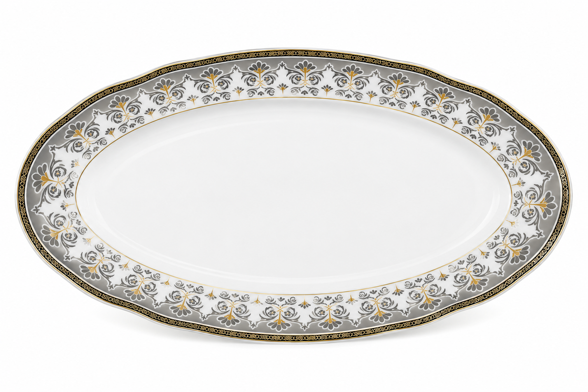 Elegant Grey & Gold Ornamental Oval Serving Dish 13inch