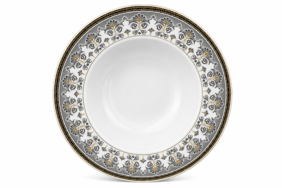 Elegant Grey & Gold Ornamental Deep Soup Plate 9inch
