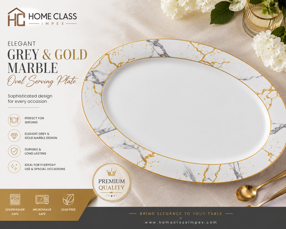 Elegant Grey & Gold Marble Oval Serving Plate 13inch