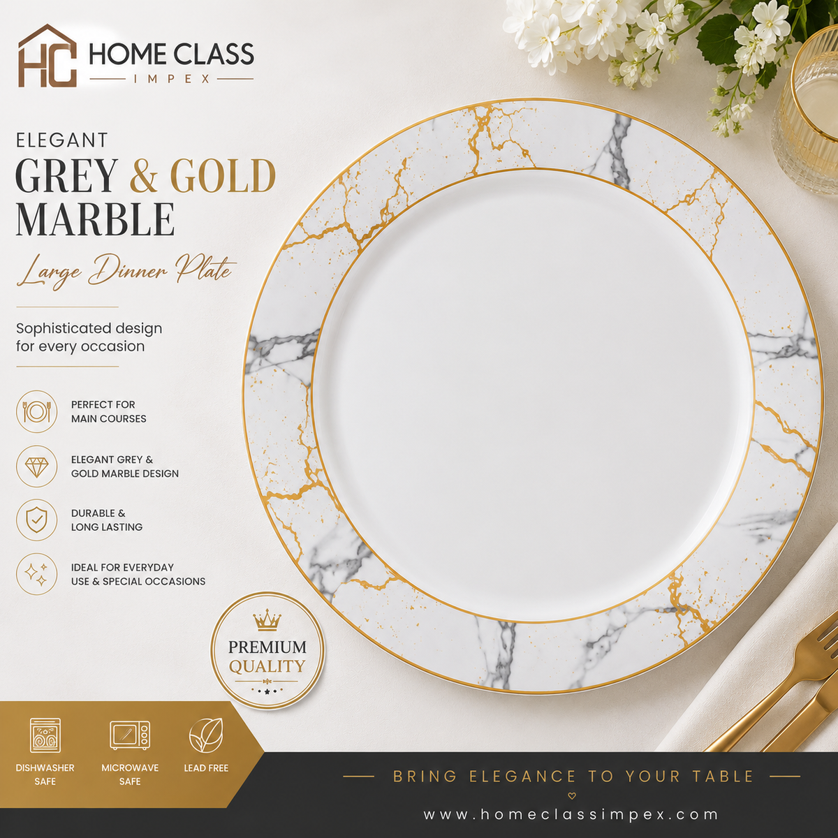 Elegant Grey & Gold Marble Large Dinner Plate 11inch