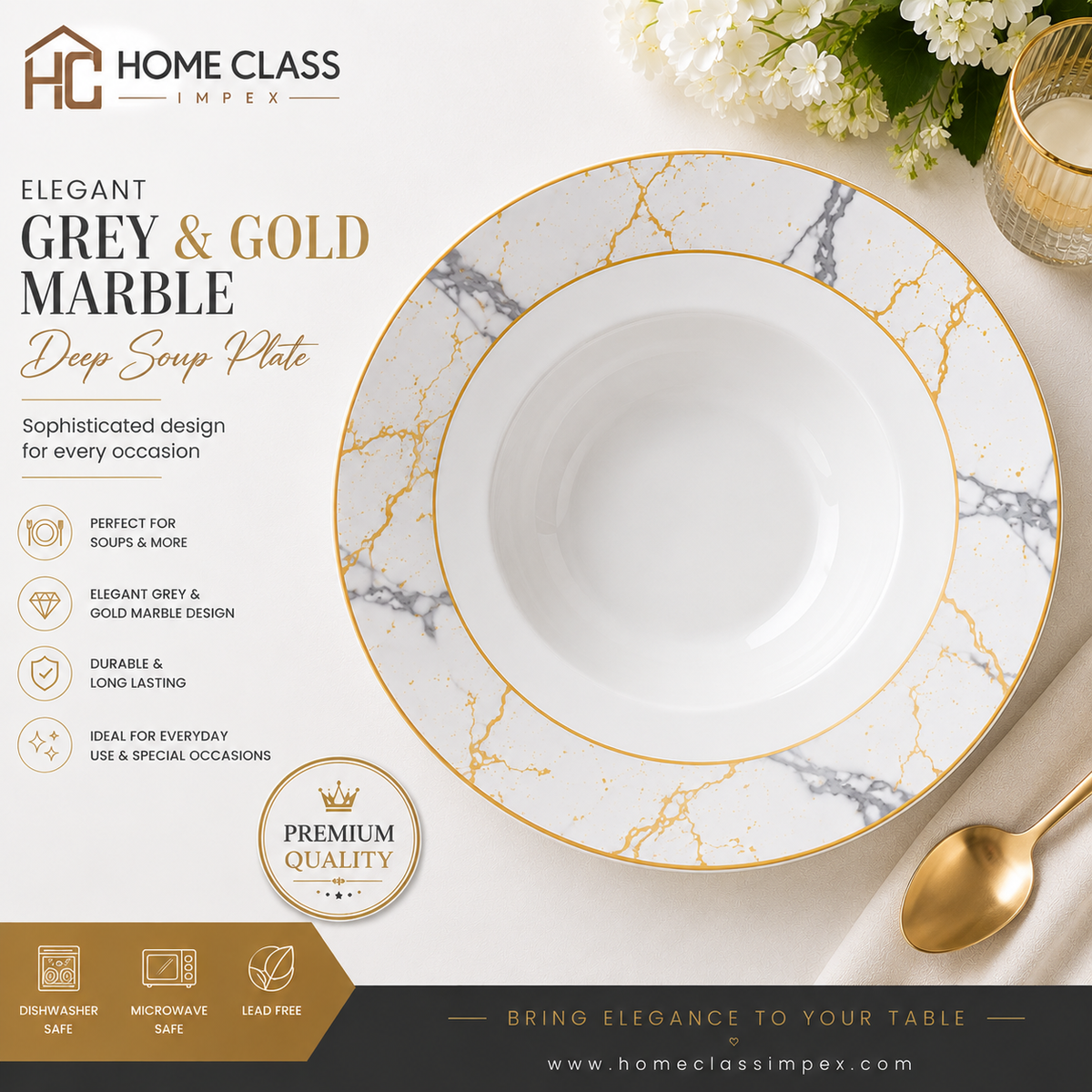 Elegant Grey & Gold Marble Deep Soup Plate 9inch