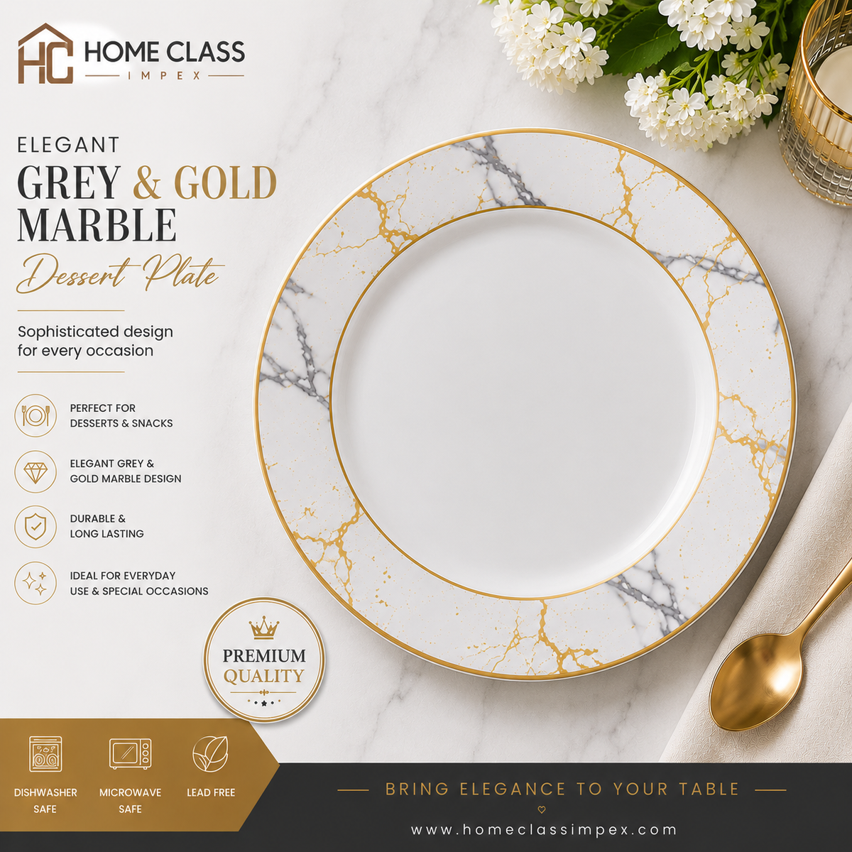 Elegant Grey & Gold Marble Dessert Plate 7.5inch
