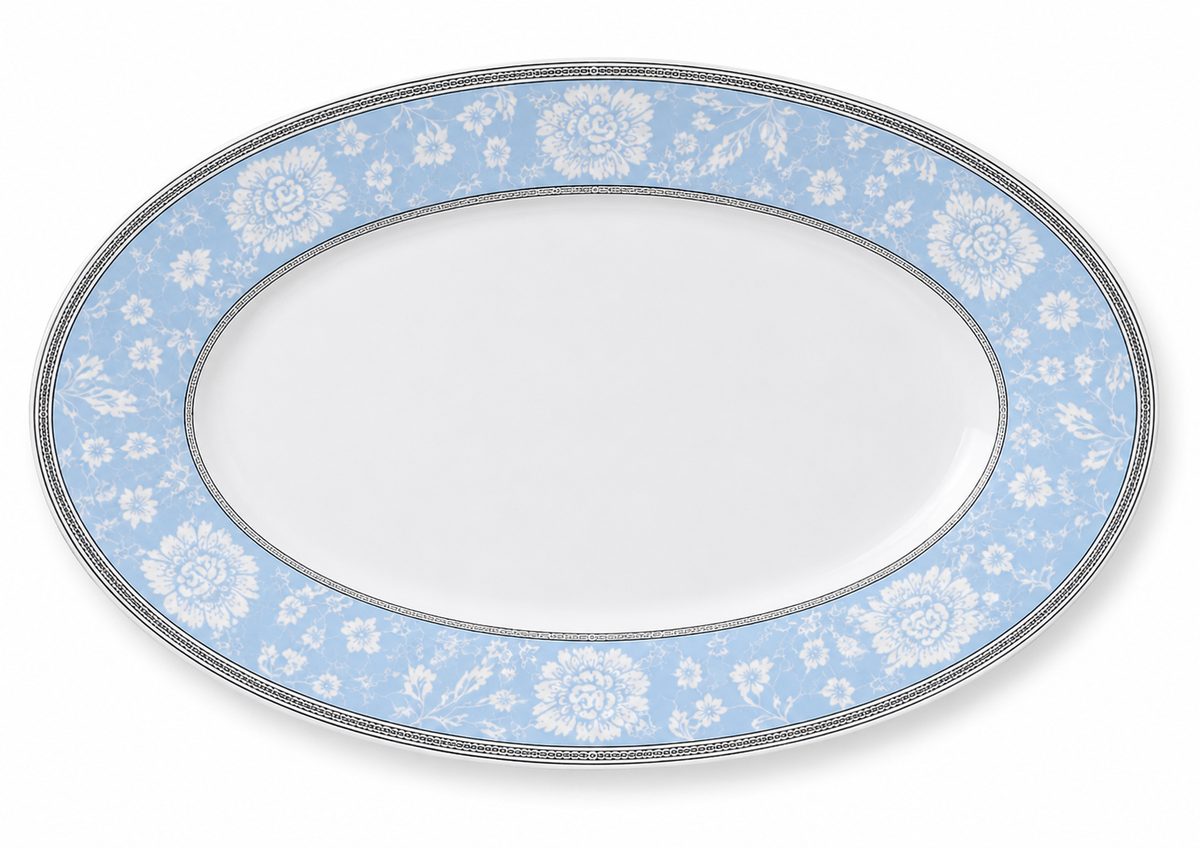 Light Blue Floral Oval Serving Plate 13inch