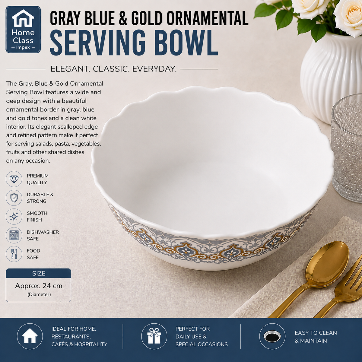 Gray, Blue & Gold Ornamental Serving Bowl 7inch