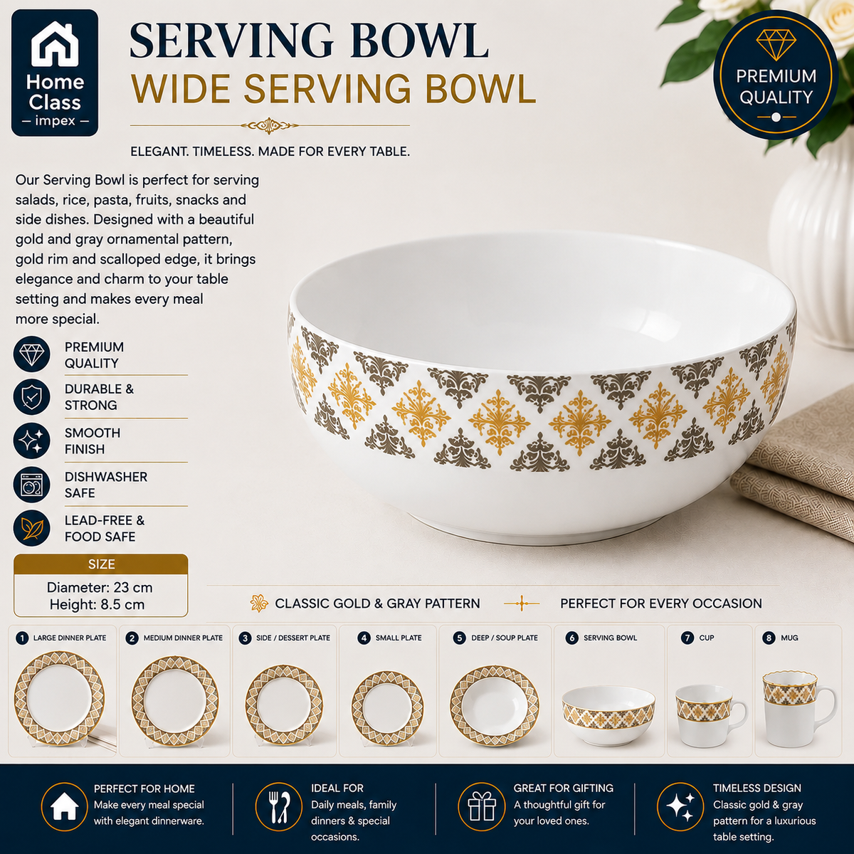 Gold & Gray Ornamental Serving Bowl 7inch