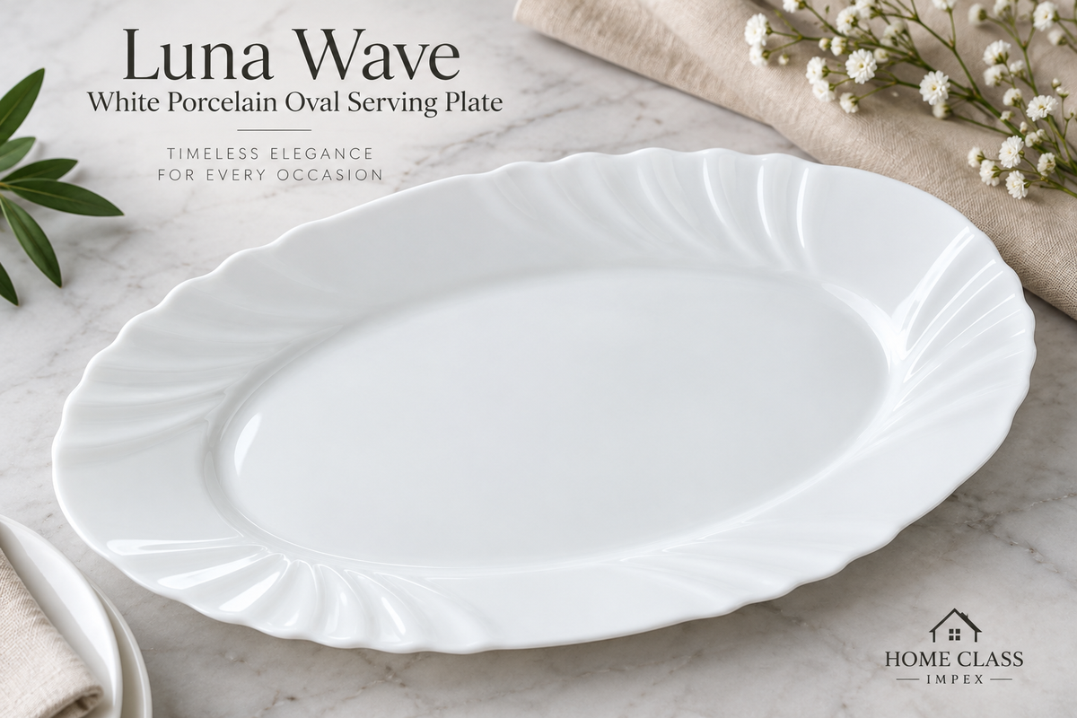 Luna Wave White Porcelain Oval Serving Plate 13inch