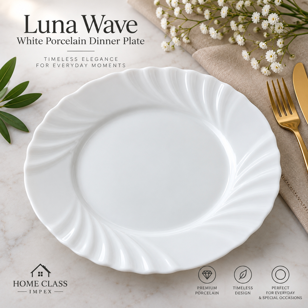Luna Wave White Porcelain Dinner Plate 10inch
