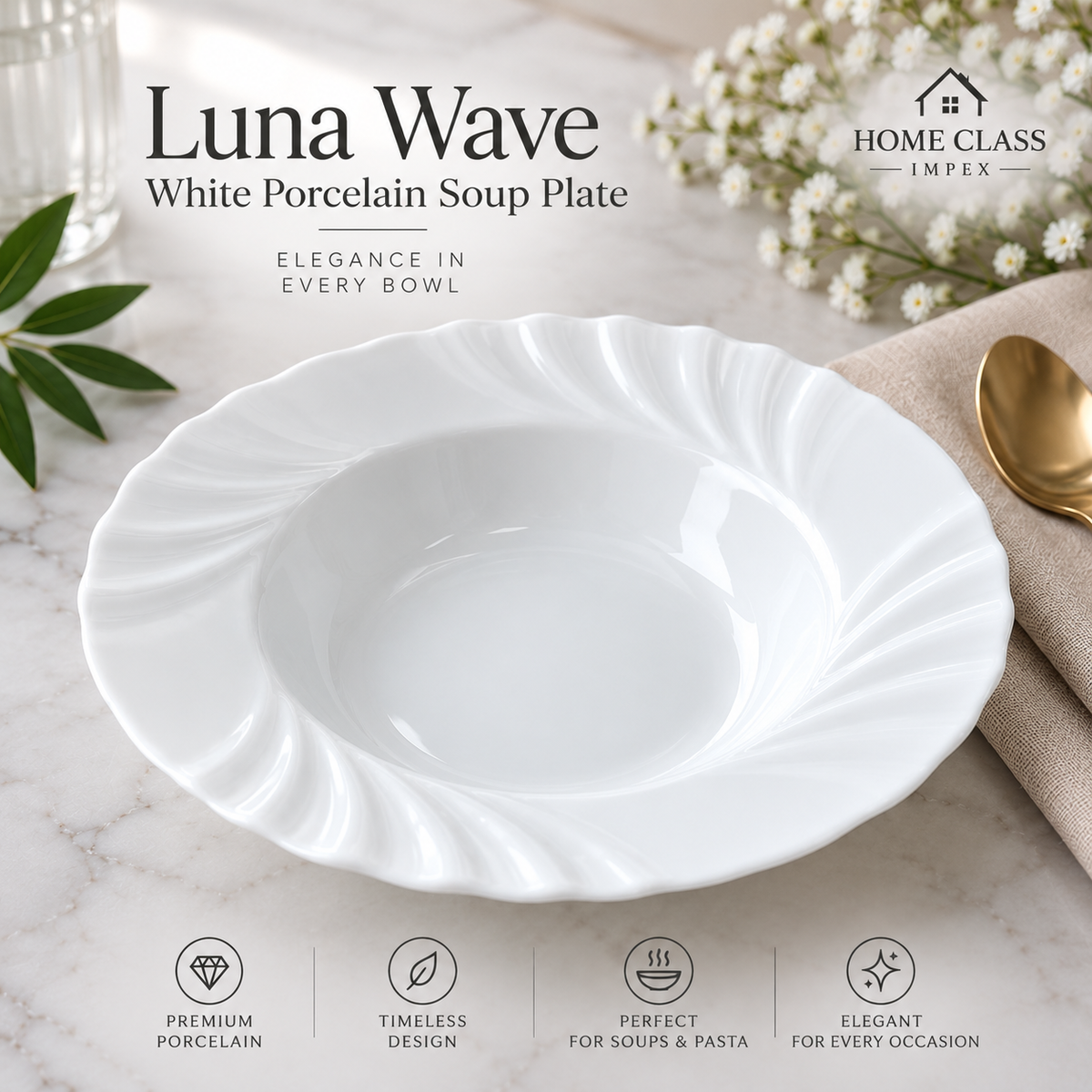 Luna Wave White Porcelain Soup Plate 9inch
