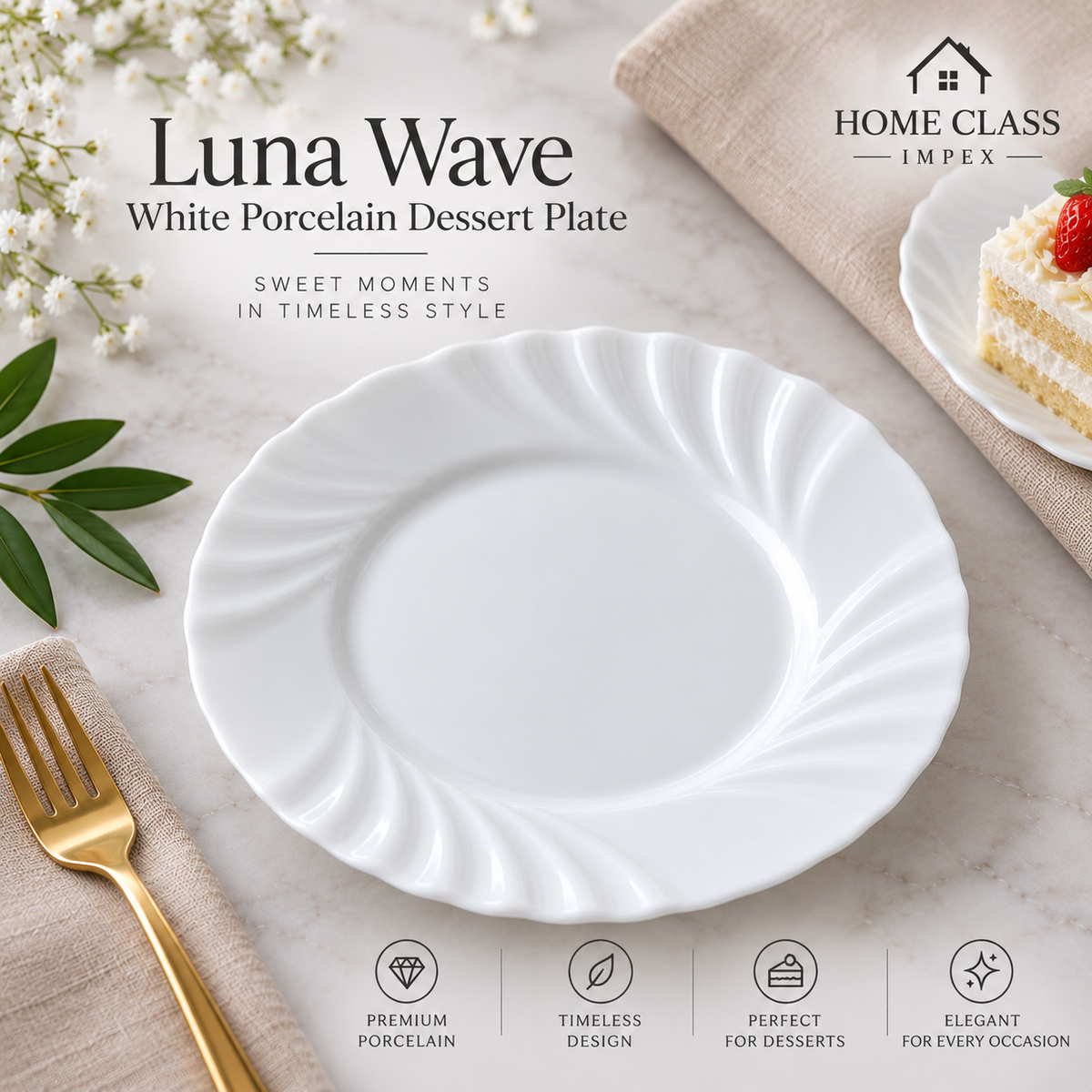 Luna Wave White Porcelain Dessert Plate 7.5inch